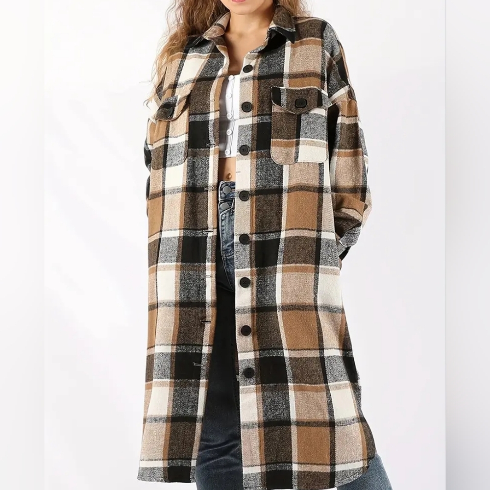 M SundayUp Brown Plaid‎ Button Down Midi Dress/Shacket